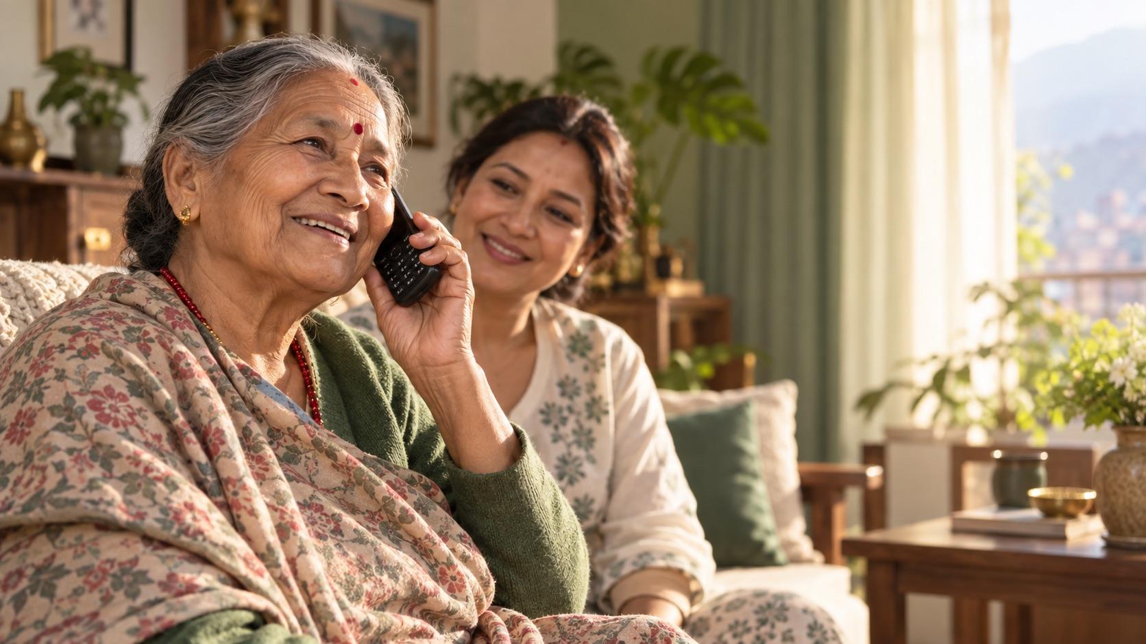 An older woman making a call on a keypad feature phone at home