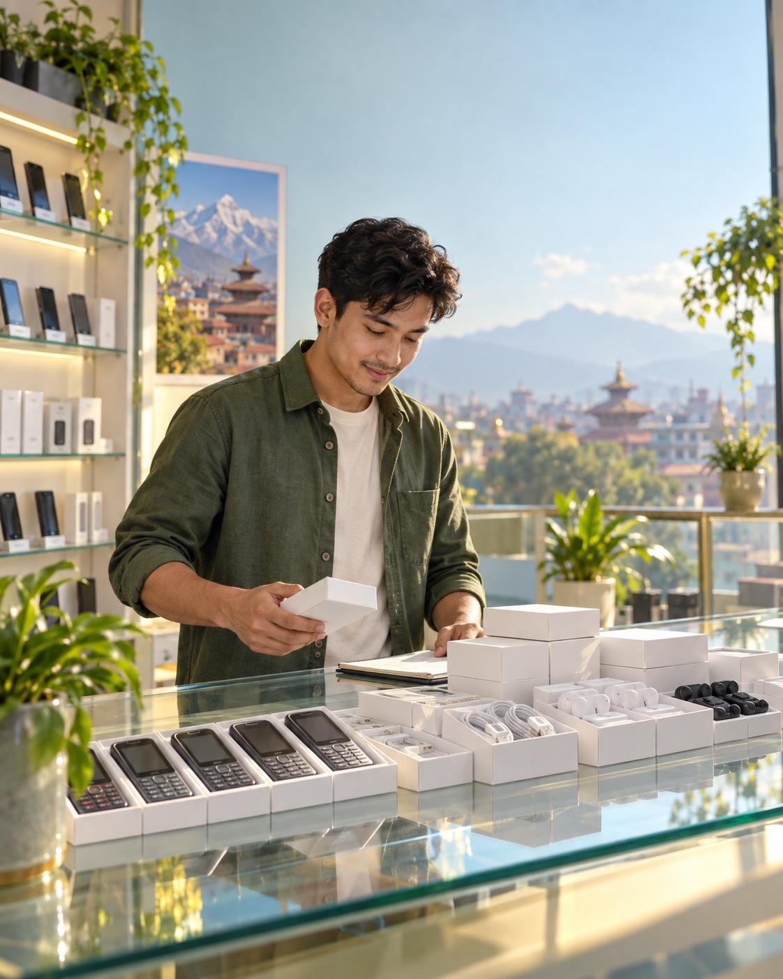 A shop owner checking feature phones and accessory boxes at a display counter