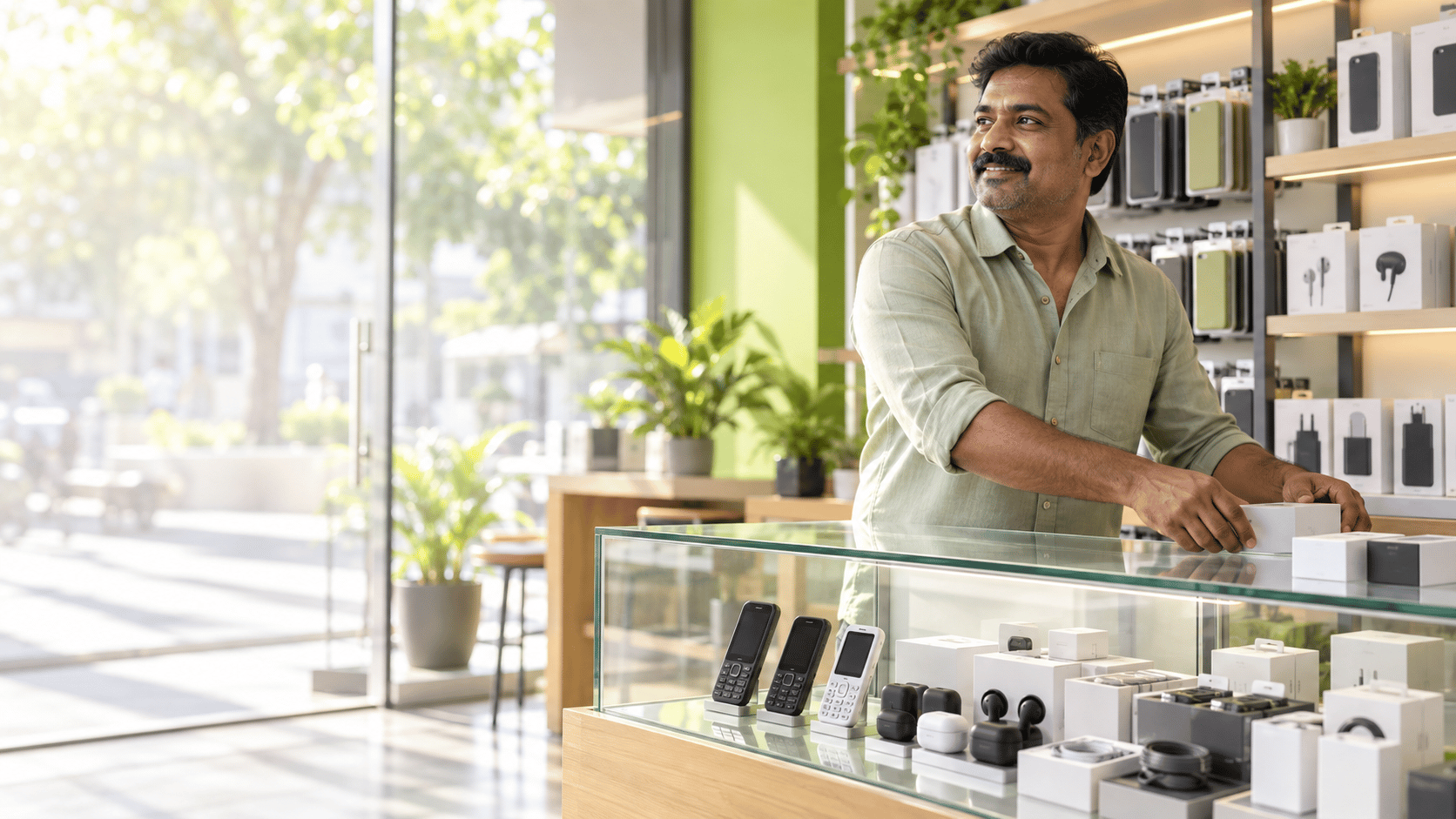 Retail mobile counter with current smartphone handsets on display