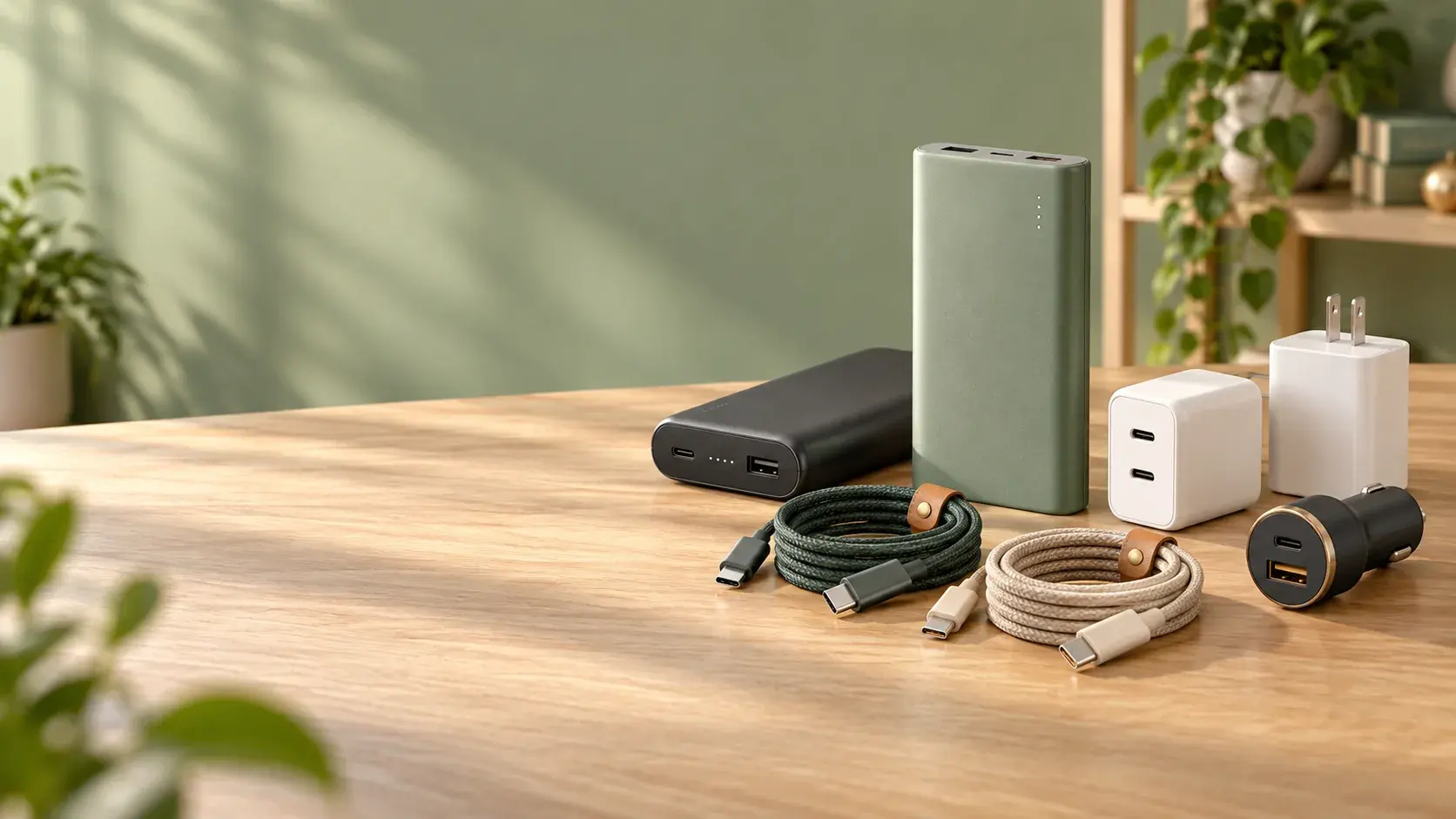 Power banks, braided USB-C cables and chargers on a wooden counter