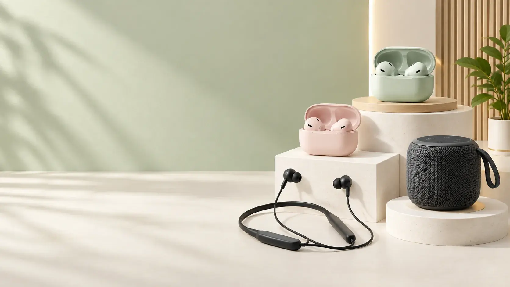 Wireless earbuds, a neckband and a Bluetooth speaker on display plinths