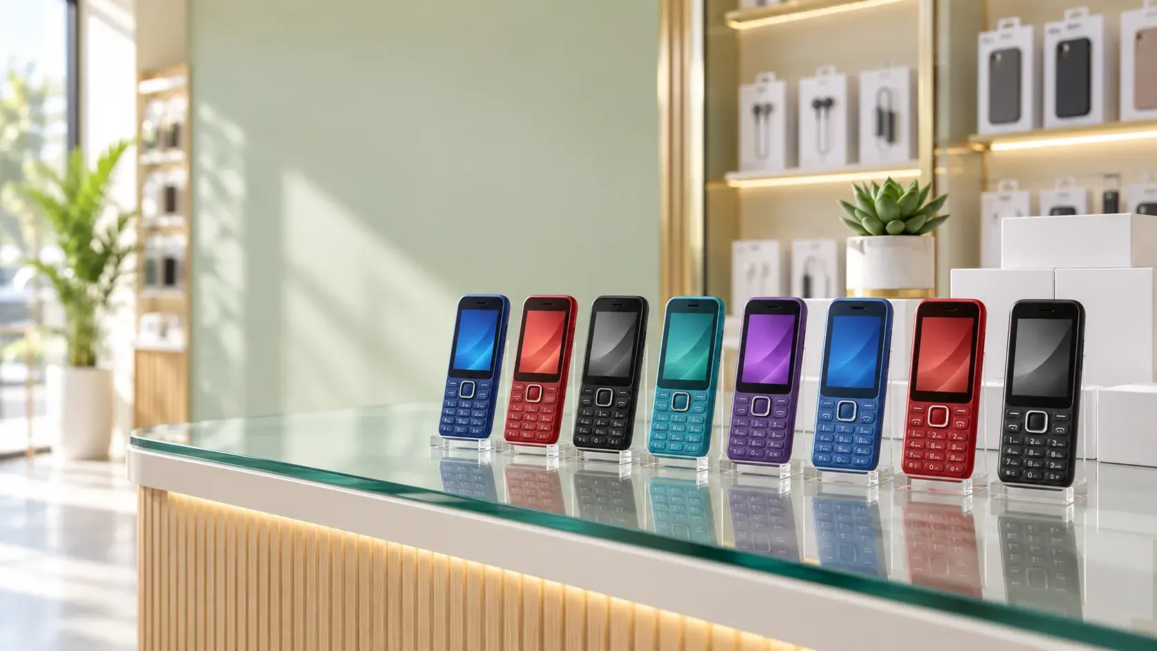 A row of colourful keypad feature phones on a glass shop counter