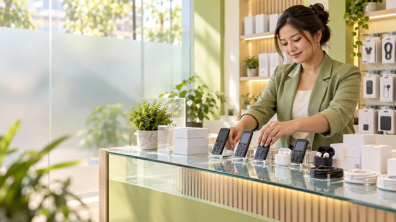 Mobile retail counter with current handsets on display