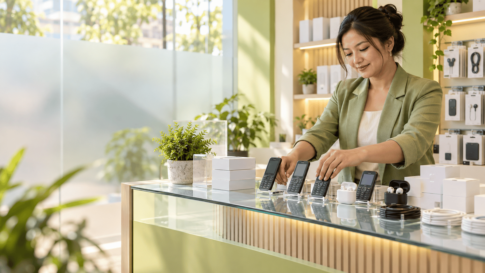 Shop owner arranging feature phones on a glass mobile retail counter