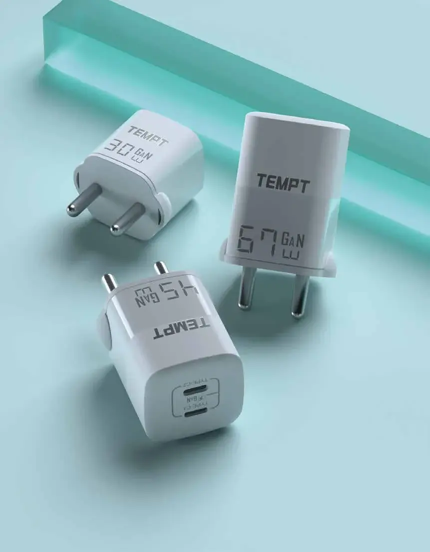 Tempt chargers and cables on a mint background